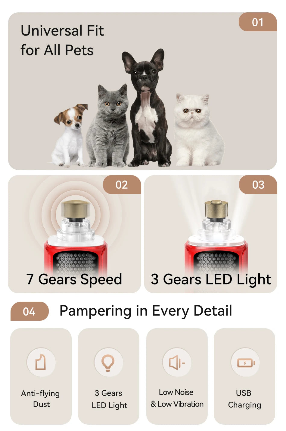 Coupe Griffe électronique pour animaux de compagnie, Rechargeable, toilettage des pattes de chien, coupe-ongles, lumière LED, 7 vitesses réglables, griffe de chat